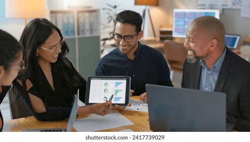 People, meeting and tablet screen for data analytics, financial presentation and meeting advice or strategy. Business woman, manager or team talking, planning and collaboration of digital statistics - Powered by Shutterstock - Get 15% off with code: PIKWIZARD15