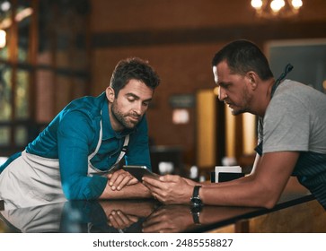 People, men and tablet internet for research, liquor licence and craft beer production in brewery. Entrepreneur team, friends and tech for business funding, loan faq and web article in distillery - Powered by Shutterstock