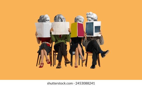 People, men and women with antique statue head sitting on chairs and reading newspaper, magazines. Contemporary art collage. Concept of creativity, retro and vintage style, imagination, surrealism