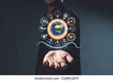 People And Network Connection Concept. Businessman Leading The Global Connection With Connecting People Orbit Around The World.