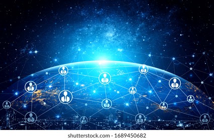 People Network And Global Communication Concept. Business People With Modern Graphic Interface Of Community Linking Many People Around World By Social Media Platform To Connect International Business.