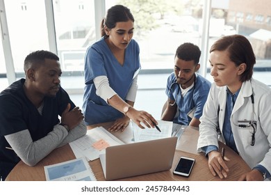 People, nurse and teamwork in meeting with computer, presentation and idea for solution in medical residency. Healthcare doctors, student and group leadership with online research for clinical trial - Powered by Shutterstock