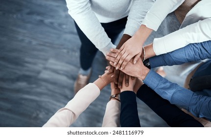 People, office and pile of hands for support with growth, teamwork and collaboration for deal. Employee, business and unity for business achievement with commitment, partnership and team building - Powered by Shutterstock