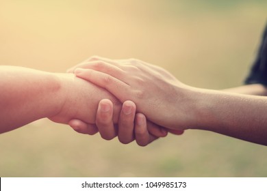 people old and young hand holding with sunset background