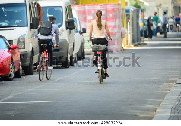 People on bikes in
traffic