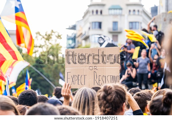 People on a\
demonstration asking for freedom of expression and justice against\
for fascism. Stop repression. Catalan independence movement.\
Freedom Pablo Hasel.\
Anti-fascist.