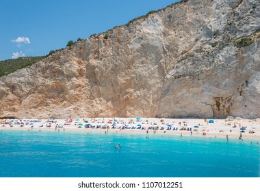 People on Porto Katsiki beack in summer holiday. Lefkada island of Greece