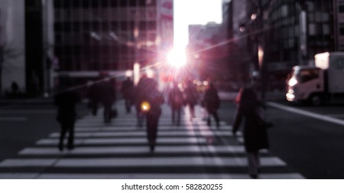 People On Street With Beautiful Morning Light, Tokyo, Japan. Shoot In Vintage Color Tone.