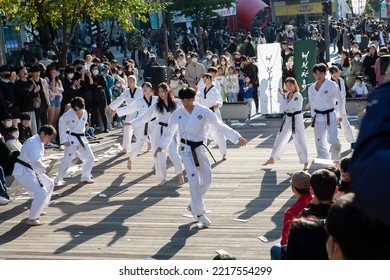 People On The Streets Of Sinchon Station Are Doing Taekwondo Martial Arts. 