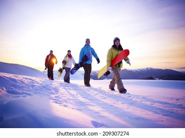 People On Their Way To Snow Boarding.