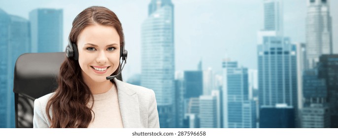 People, Online Service, Communication And Technology Concept - Smiling Female Helpline Operator With Headset Over Singapore City Background