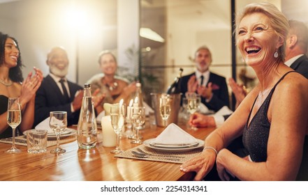 People, party and clapping at restaurant in night with friends, business executive team or happy for success. New year, applause, celebration gala with champagne, congratulations or group motivation