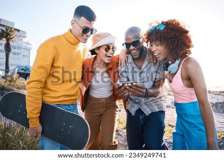 People, phone and friends laughing outdoor for meme, funny video and fun. Diversity, happiness and gen z group of men and women with a smartphone for social media, skateboard and freedom in city