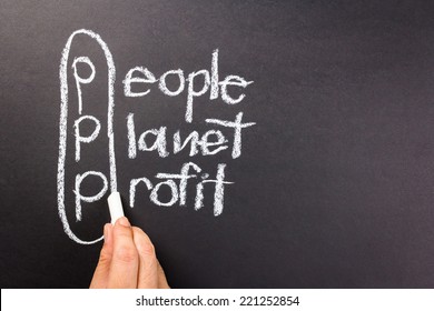 People, planet, profit, 3p marketing of sustainable business on chalkboard