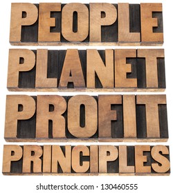 people, planet, profit, principles - sustainable business concept - isolated text in letterpress wood type printing blocks