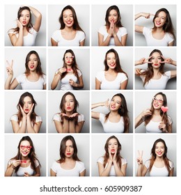 People, Portrait And Beauty Concept - Collage Of Woman Different Facial Expressions