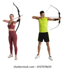 People Practicing Archery On White Background, Collage