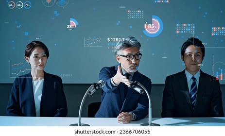 People at a press conference. Various statistical charts. Announcement of financial results. General meeting of shareholders.