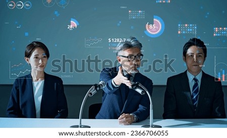 People at a press conference. Various statistical charts. Announcement of financial results. General meeting of shareholders.