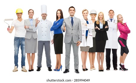 people, profession, qualification, employment and success concept - happy businessman over group of professional workers showing thumbs up