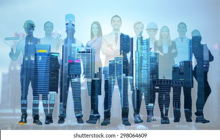 people, profession, qualification, employment and success concept - happy businessman over group of professional workers over city background - Shutterstock ID 298064609
