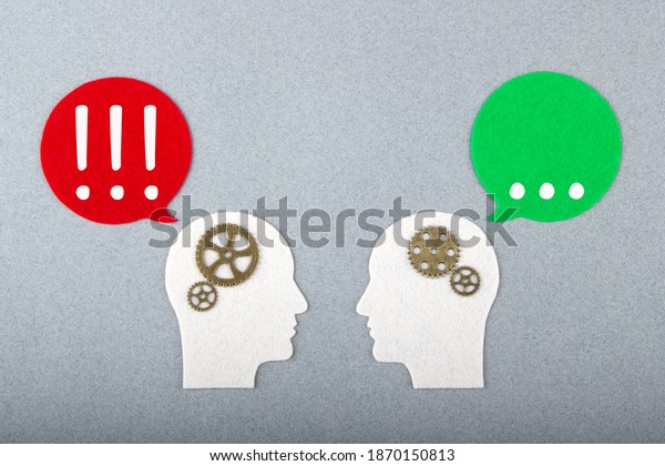 People profiles and message icons with ellipsis and exclamation mark on gray background. Human interaction during dialogue. The concept of mutual understanding and cooperation.