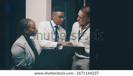 People, programming or tablet in server room, conversation or teamwork with engineering. IT specialist, technical support or employees with discussion, problem solving or feedback with cyber security
