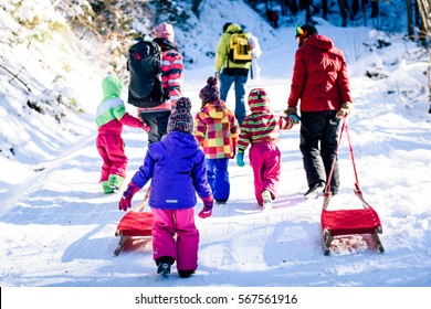 People are pulling sledge on the mountain road in woods. Active family in the winter sports activities with sleigh on snowy sliding forest road.