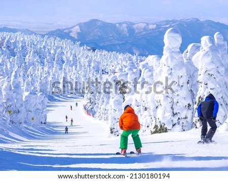 People racing down in a slope through the snow monsters (soft rime). (Zao-onsen ski resort, Yamagata, Japan)