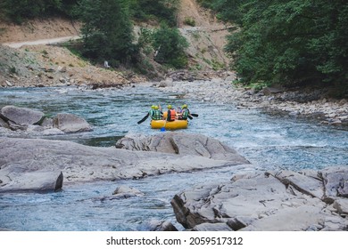 People Rafting At Mountain River Copy Space