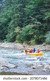 People Rafting At Mountain River Copy Space