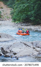 People Rafting At Mountain River Copy Space