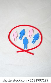 People in the red circle. Sample and statistics. Social experiments. Concept of sociology and analysis. Useful for education, politics, research, psychology and community studies.
