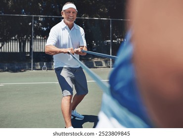 People, resistance band and outdoor fitness on tennis court, training session and coach for endurance. Men, athlete mentor and exercise at sports club with equipment, practice skill and team for game - Powered by Shutterstock