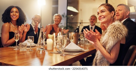 People, restaurant and clapping at celebration in night for friends, business executive team or happy for success. New year, applause or gala party with champagne, congratulations or group motivation - Shutterstock ID 2254314371