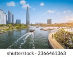 People are riding a tourist boat in summer of Korea at Central Park in Songdo District, Incheon South Korea.