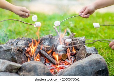 People Roasting Marshmallows Around Camping Bonfire