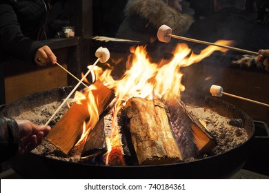 People roasting marshmallows around fireplace, enjoying their holiday
