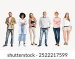 People in a row, isolated on off white. Women and men of diversity. Diverse people standing in a row. Full body people of various ethnicties and ages standing together as a group