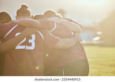 People, rugby and huddle in team sports, motivation or getting ready for match or game on outdoor field. Active men in circle or group hug in teamwork, collaboration or trust in scrum for fitness - Powered by Shutterstock