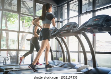 People Running In Machine Treadmill At Fitness Gym . Young Asian Woman In Sportswear Running On Treadmill At Gym. Running Fast. 