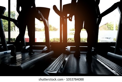People are running on the treadmill,Silhouette shot from the back.