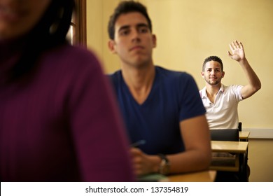 People At School, Student Raising Hand And Asking Question To Professor During Class In College, Law School, University Of Havana, Cuba