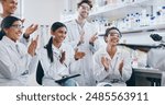 People, science and lab research or clapping, pharmaceutical study with interns happy for presentation. Medical school, chemistry and innovation, mentor speech and smile for support together