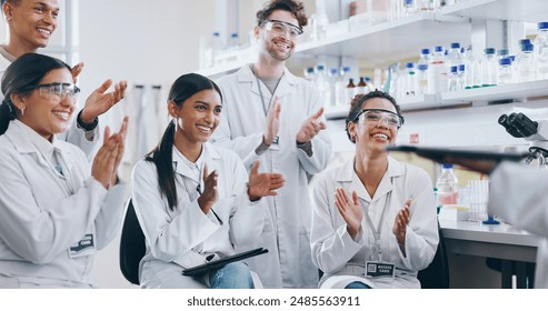 People, science and lab research or clapping, pharmaceutical study with interns happy for presentation. Medical school, chemistry and innovation, mentor speech and smile for support together - Powered by Shutterstock