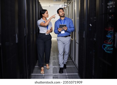People, server room and inspection or teamwork for cybersecurity, engineering and coding solution on tablet. Engineering man and woman or manager walking and check data center with digital technology