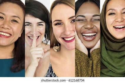 People Set Of Diversity Women With Smiling Face Expression Studio Collage