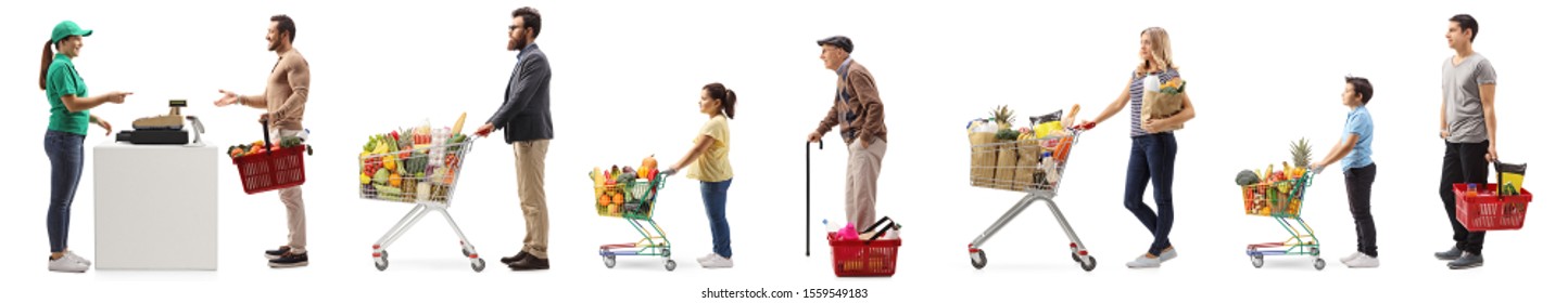 People With Shopping Carts And Baskets Waiting In Line At The Cash Register Isolated On White Background