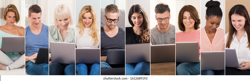 People Shopping On Laptops Collage. Diverse Group Of People Portraits