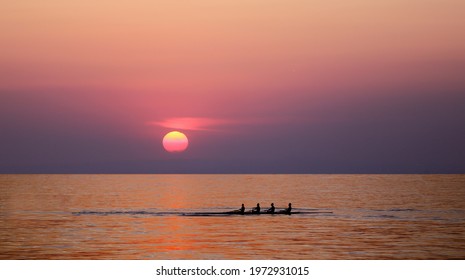 People Silhouettes On Rowing Boat In Front Of Sunset Background. Front View